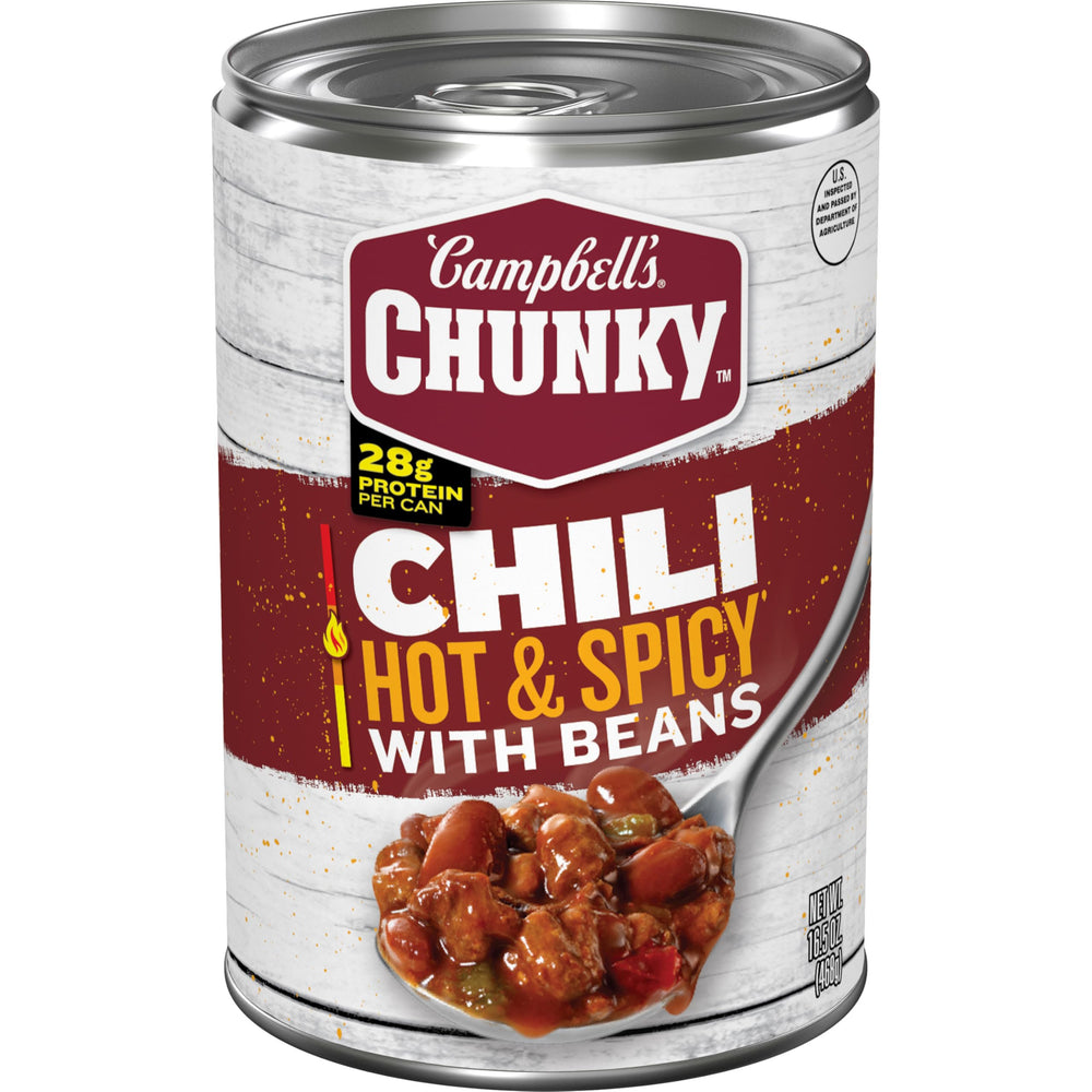 Campbell's Chunky Hot and Spicy Chili with Beans in a steaming bowl, protein-packed comfort.