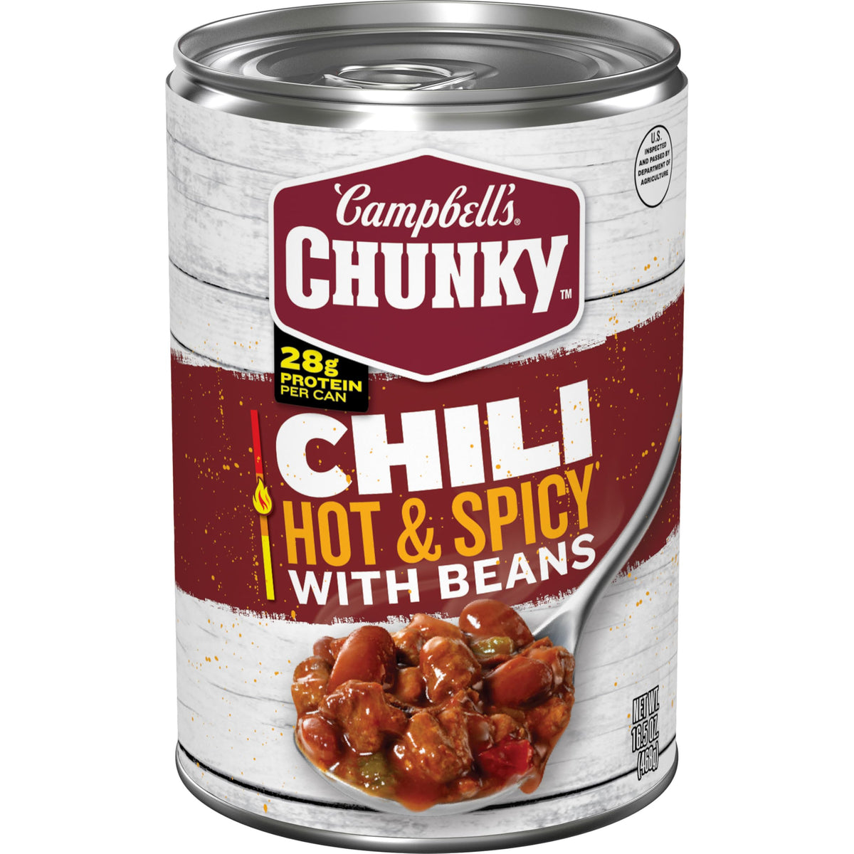 Campbell's Chunky Hot and Spicy Chili with Beans in a steaming bowl, protein-packed comfort.