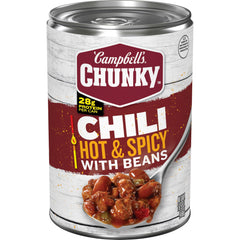 Campbell's Chunky Hot and Spicy Chili with Beans in a steaming bowl, protein-packed comfort.
