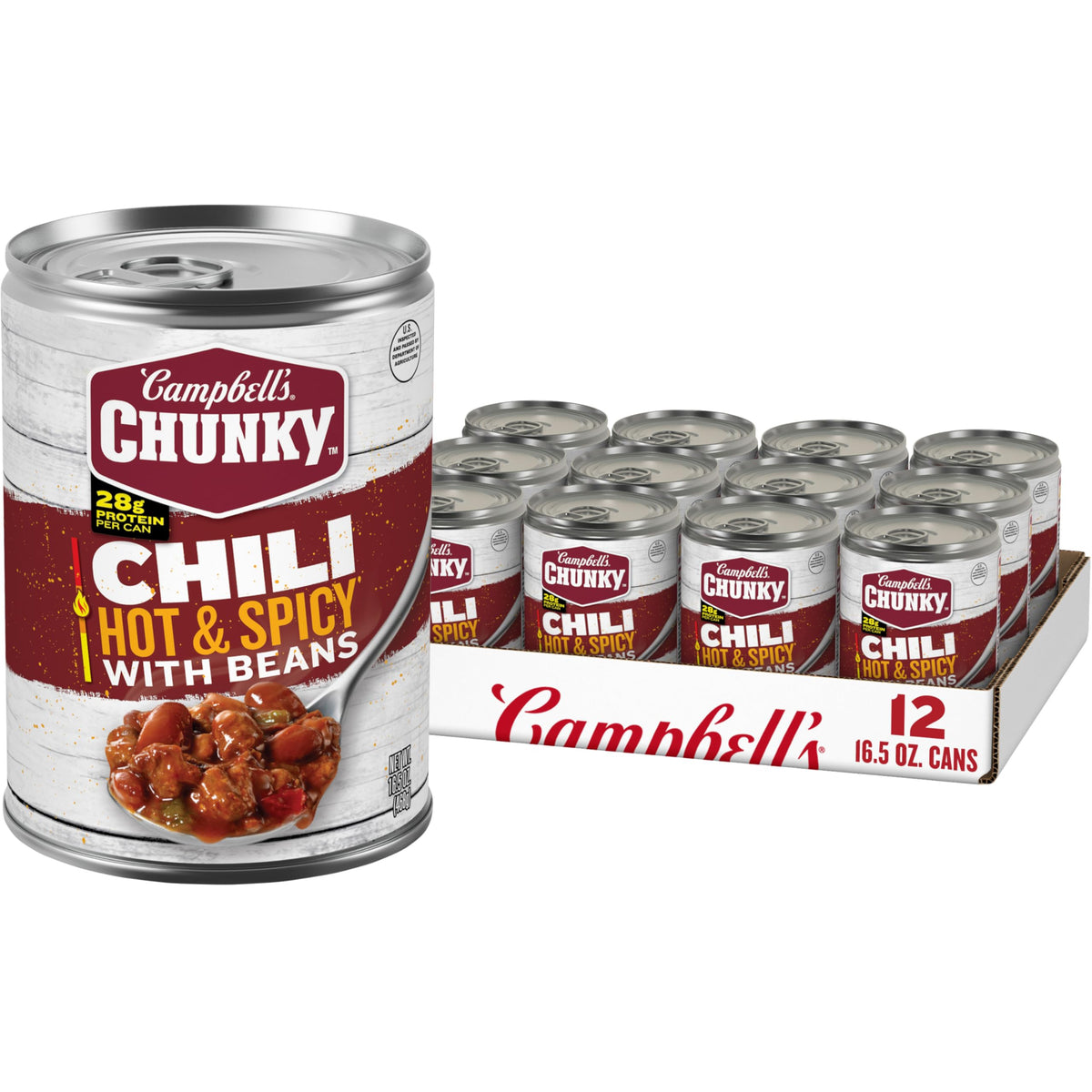 Campbell's Chunky Hot and Spicy Chili with Beans close-up shows chunky texture and peppers.