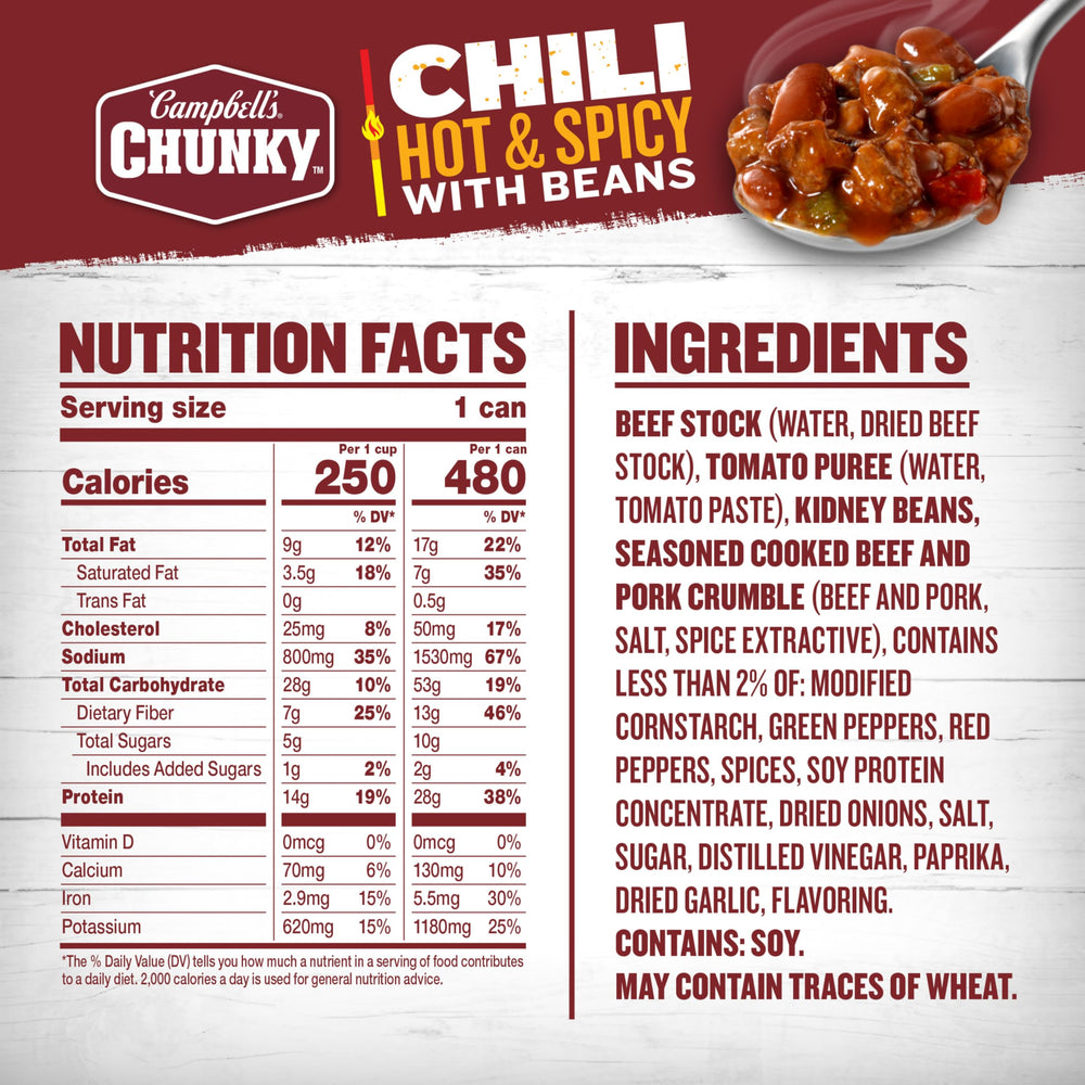 Campbell's Chunky Chili with Beans served over hot dogs for a bold tailgate snack.