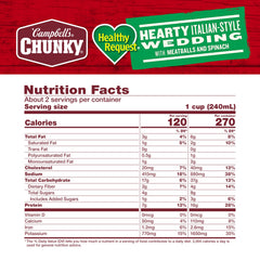 Campbell's Chunky Italian Wedding Soup meatballs and spinach close-up, hearty flavor for a satisfying meal