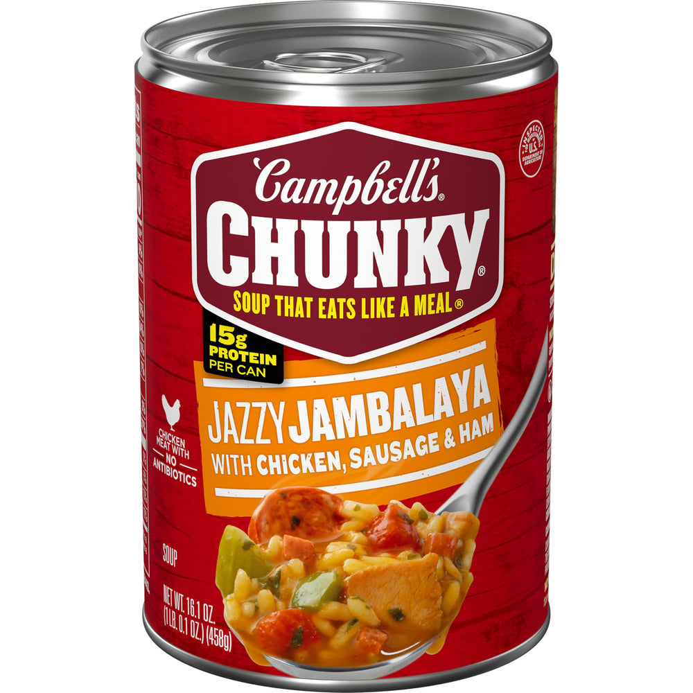 Campbell's Chunky Jazzy Jambalaya can front, ready-to-eat meal with bold Cajun flavor.