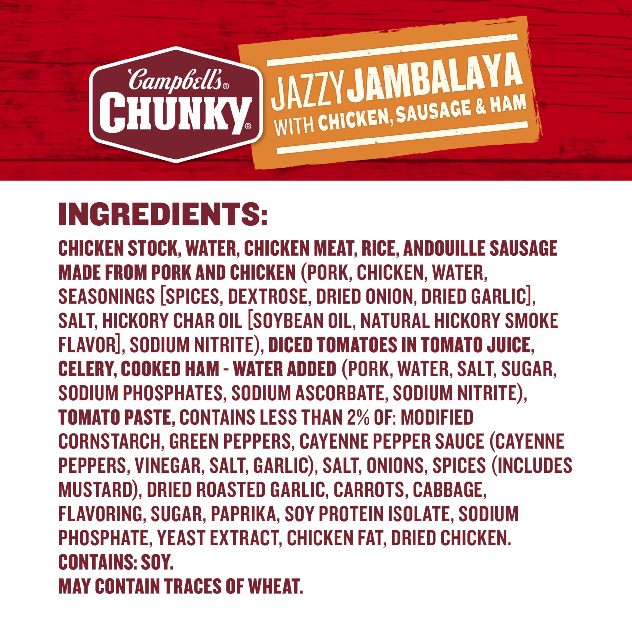 Campbell’s Chunky Jazzy Jambalaya ingredients close-up with chicken, sausage, and ham.