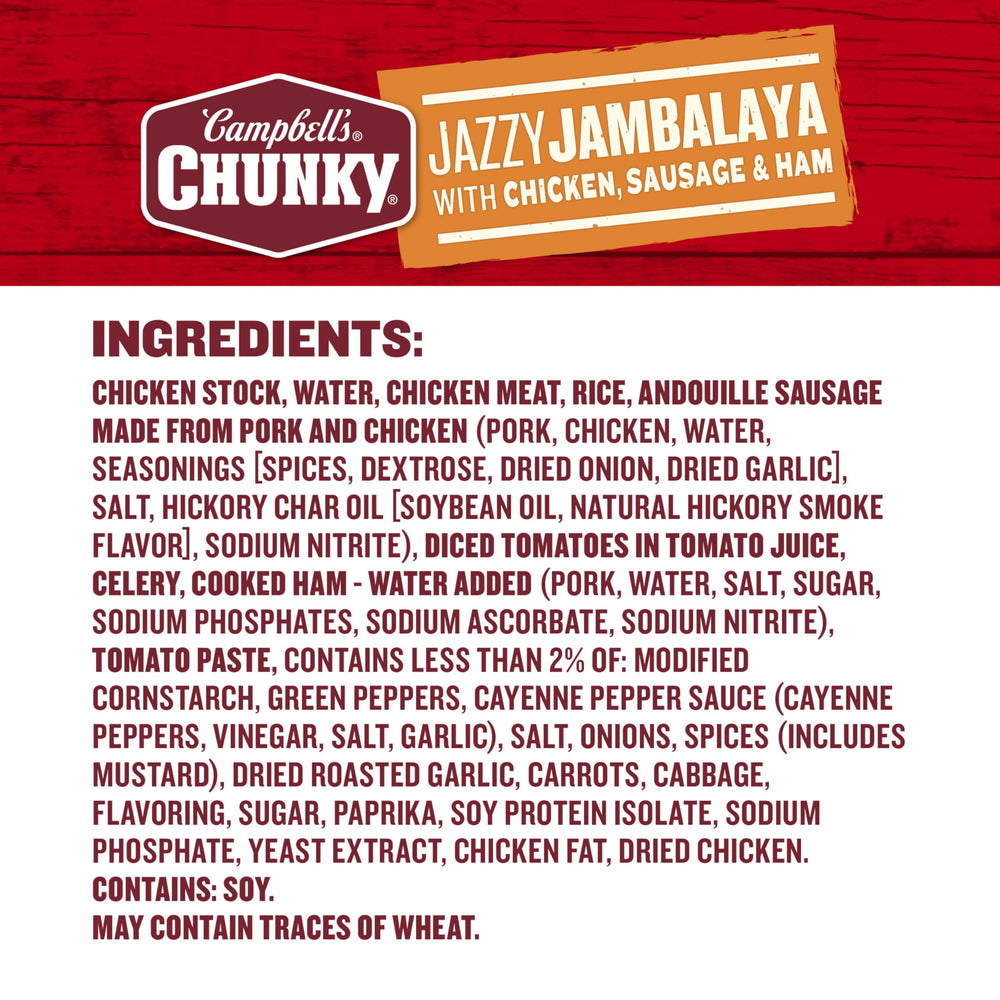 Campbell’s Chunky Jazzy Jambalaya ingredients close-up with chicken, sausage, and ham.