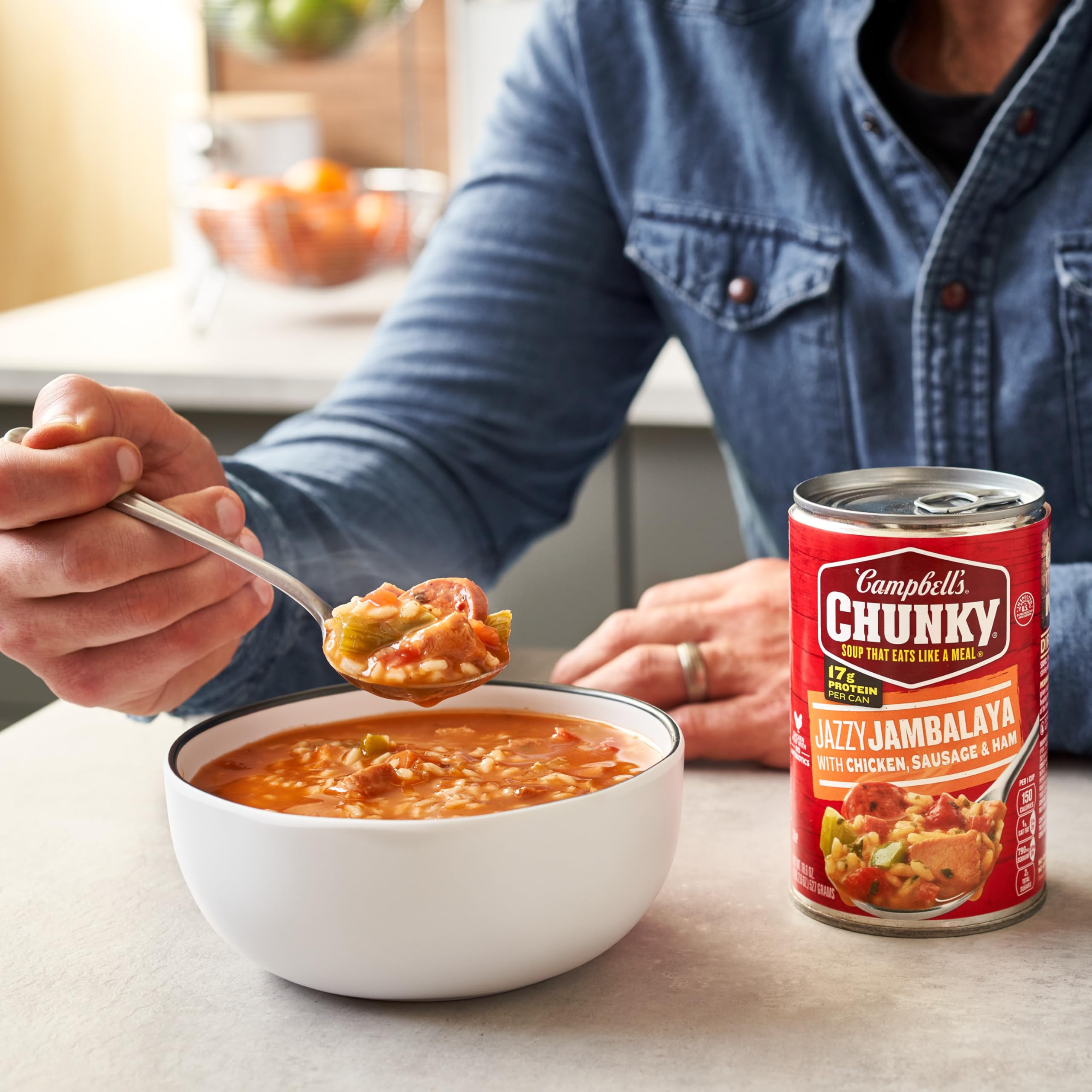 Campbell’s Chunky Jazzy Jambalaya microwaving in a bowl for quick heat on busy days.
