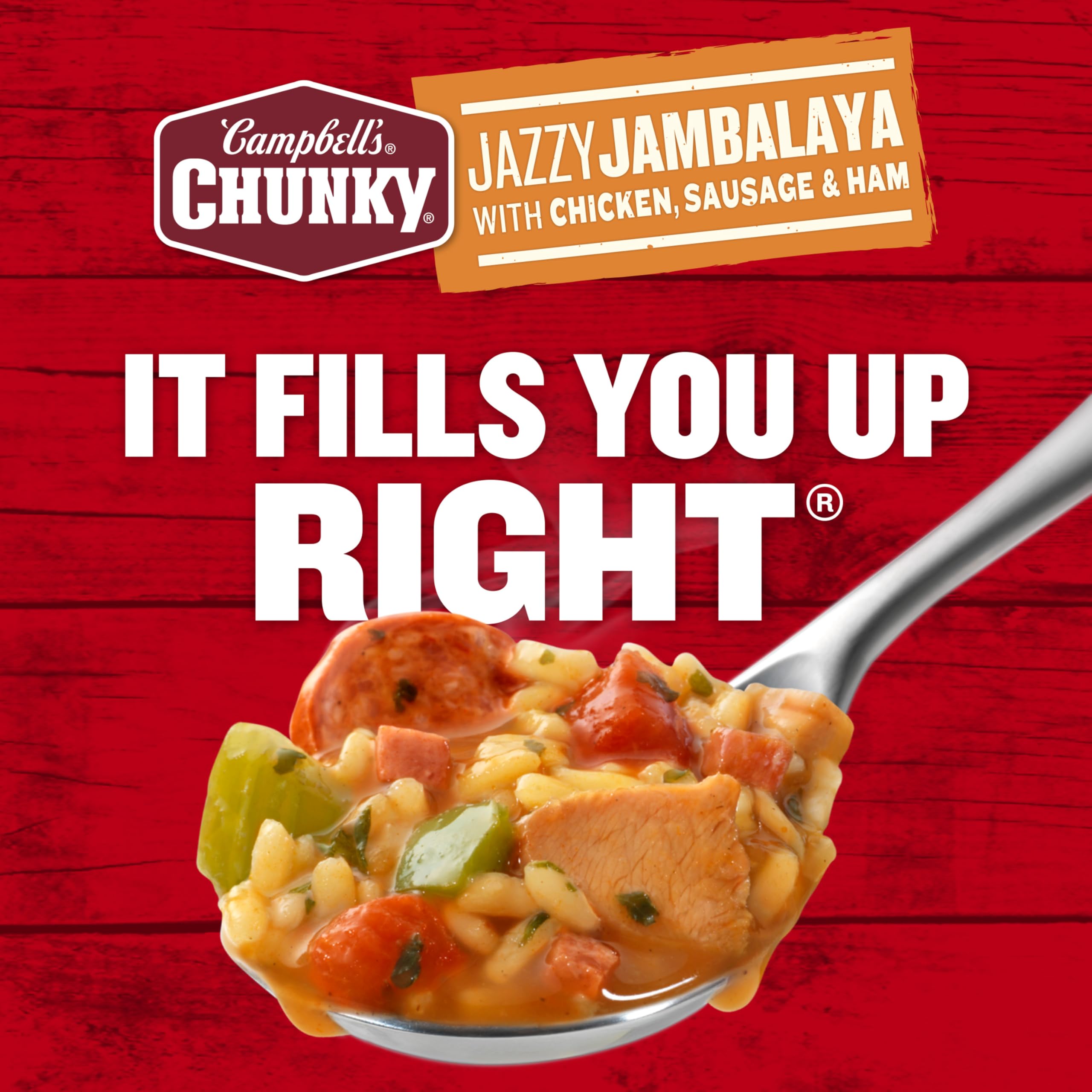 Campbell’s Chunky Jazzy Jambalaya outdoors by campfire, energy for outdoor adventures.