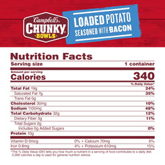 Campbell’s Chunky Loaded Potato Bacon Bowl close-up showing crispy bacon and creamy potatoes.