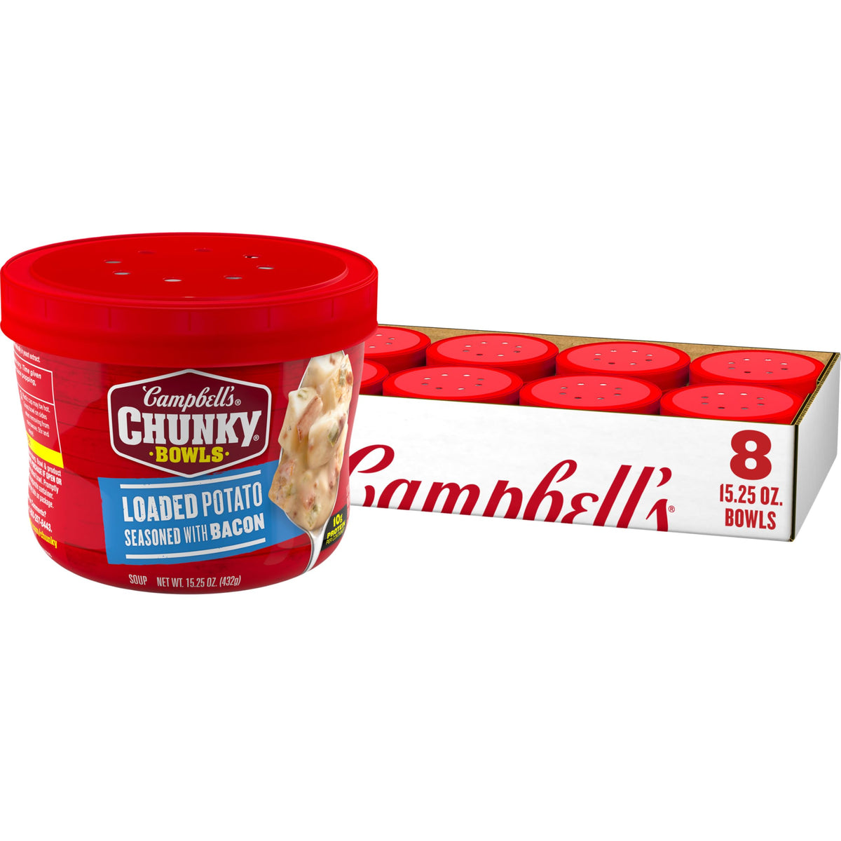 Campbell’s Chunky Loaded Potato Bacon Bowl with bacon and potatoes for a hearty meal.