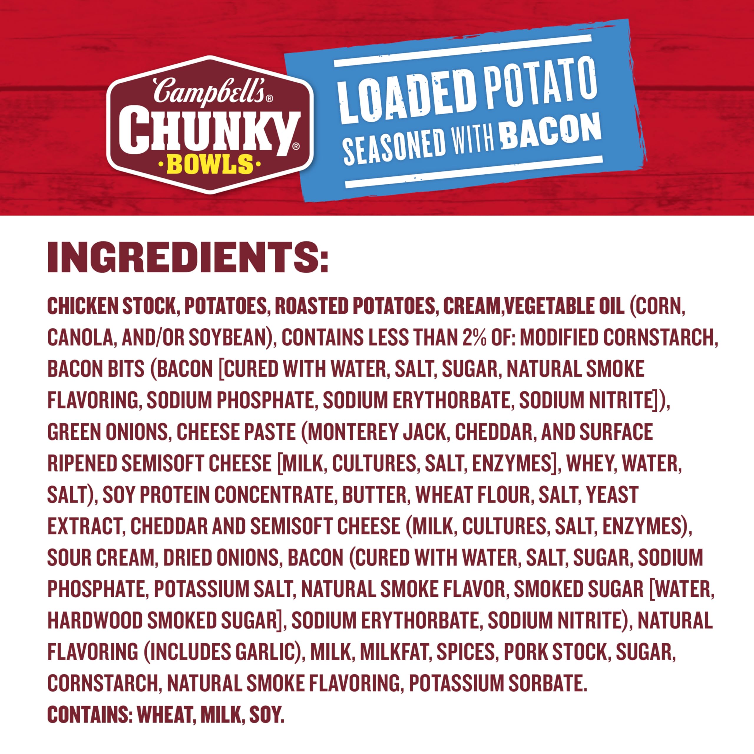 Campbell’s Chunky Loaded Potato with Bacon ingredients visible for rich flavor