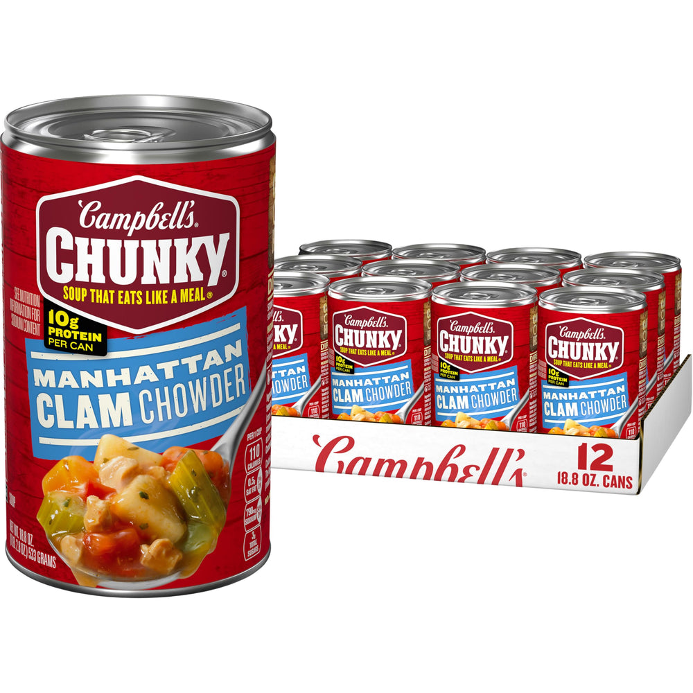 Campbell's Chunky Manhattan Clam Chowder can front view signals a hearty ready meal.