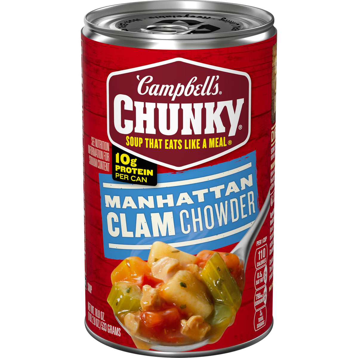 Campbell's Chunky Manhattan Clam Chowder can front view shows a hearty ready-to-eat meal