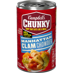 Campbell's Chunky Manhattan Clam Chowder can front view shows a hearty ready-to-eat meal