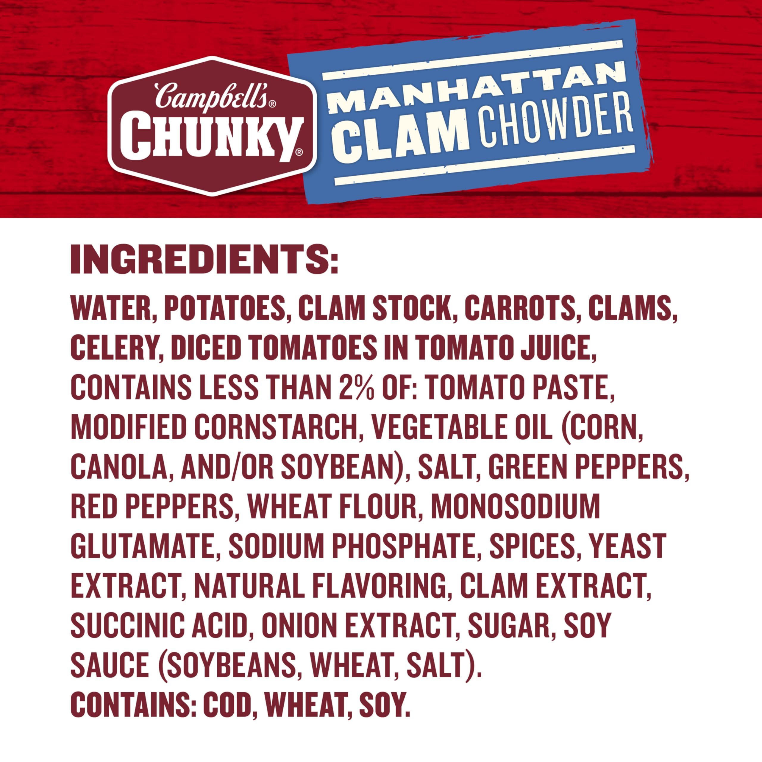 Campbell's Chunky Manhattan Clam Chowder ingredients highlight clams, tomatoes, and vegetables.