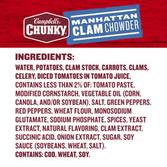 Campbell's Chunky Manhattan Clam Chowder ingredients highlight clams, tomatoes, and vegetables.