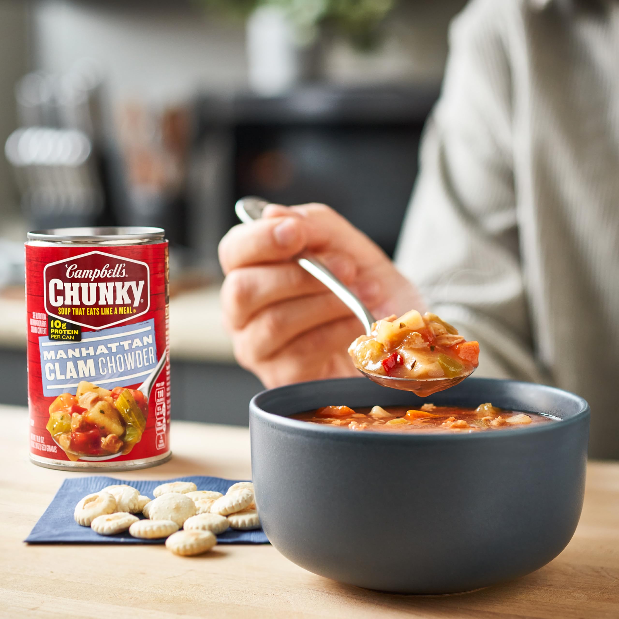 Microwave-ready Campbell's Chunky Manhattan Clam Chowder heats in minutes.