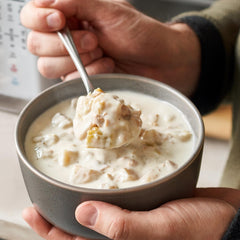 Campbell's Chunky chowder in a microwave-safe bowl for quick heating.