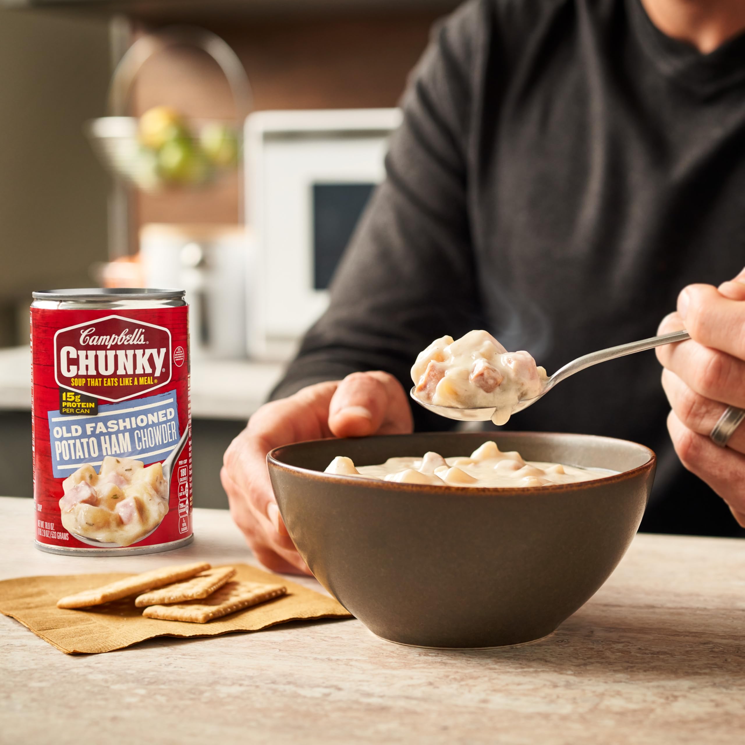 Microwave-ready Campbell's Chunky soup ready in minutes for quick meals.