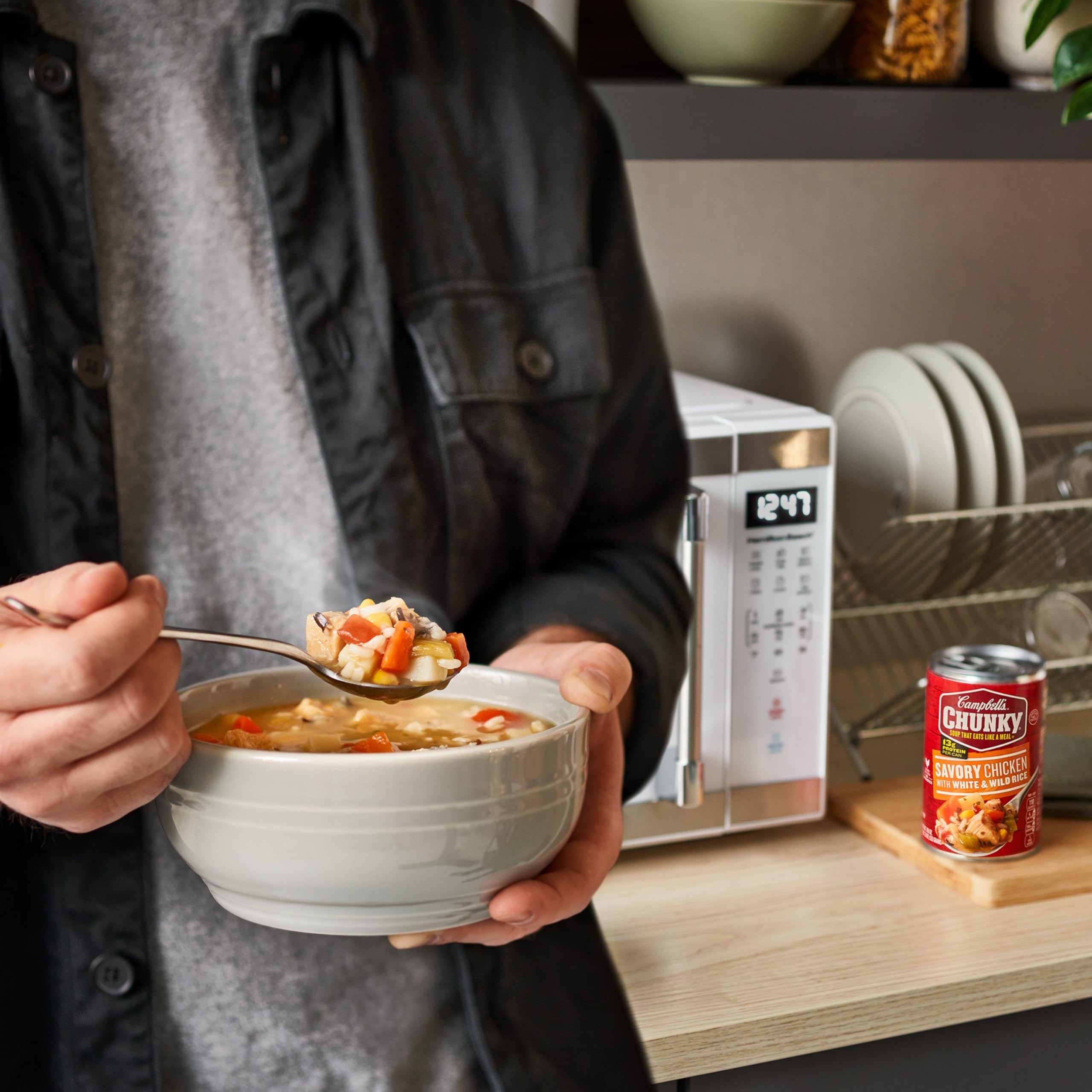 Microwavable Campbell's Chunky Savory Chicken can for quick heat-and-serve