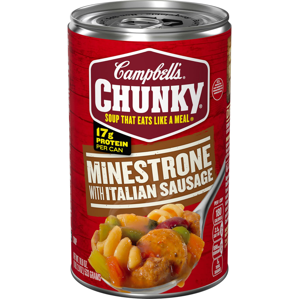 Campbell's Chunky Minestrone Italian Sausage bowl with hearty sausage chunks for a filling meal.