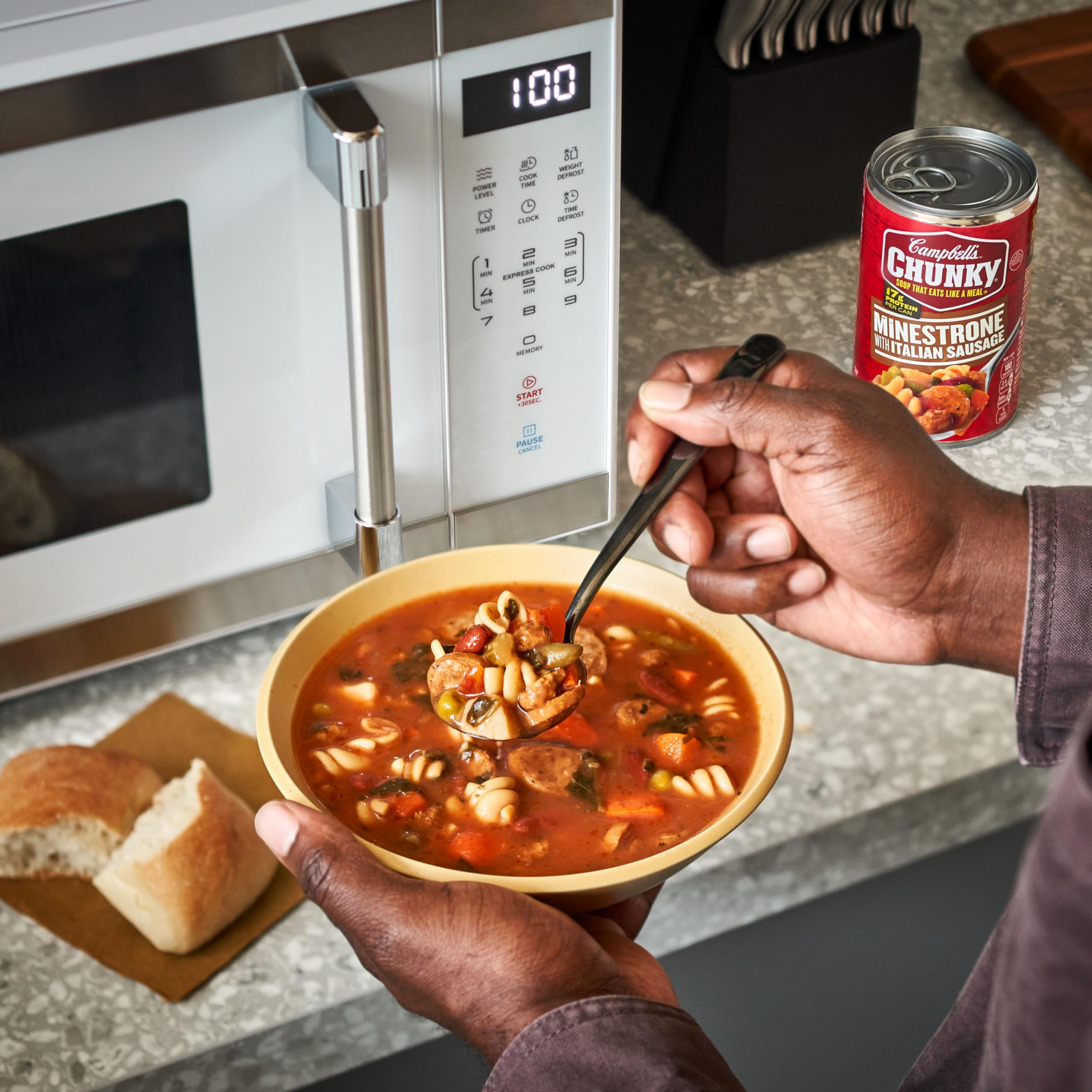 Campbell's Chunky Minestrone ready-to-serve in a microwave-safe bowl.
