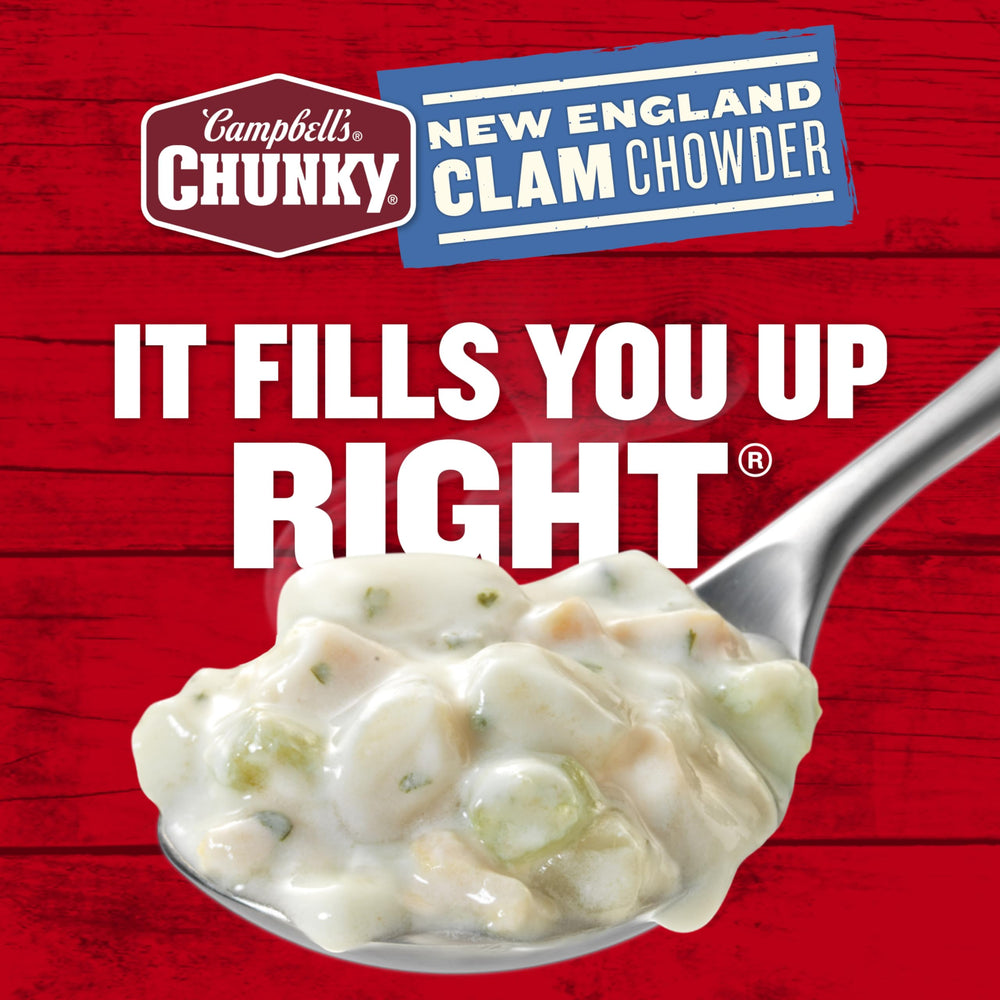 Campbell's Chunky New England Clam Chowder recyclable can highlights eco-friendly packaging.