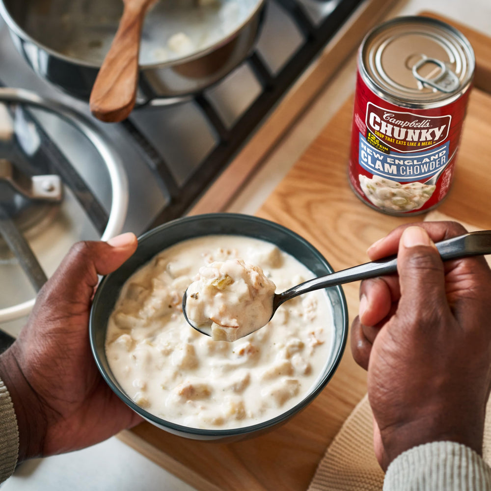 Campbell's Chunky New England Clam Chowder in a bread bowl for a cozy, shareable meal.