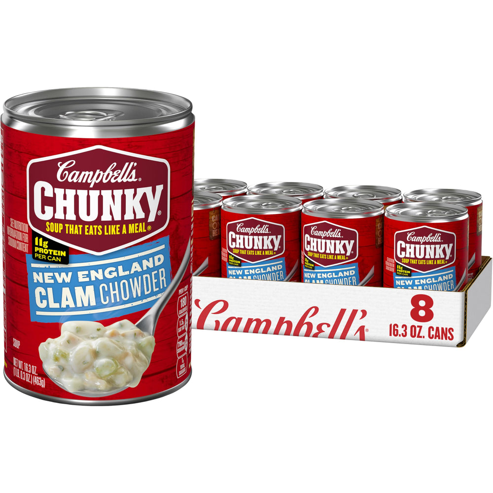 Campbell's Chunky New England Clam Chowder can close-up, showcasing hearty texture.