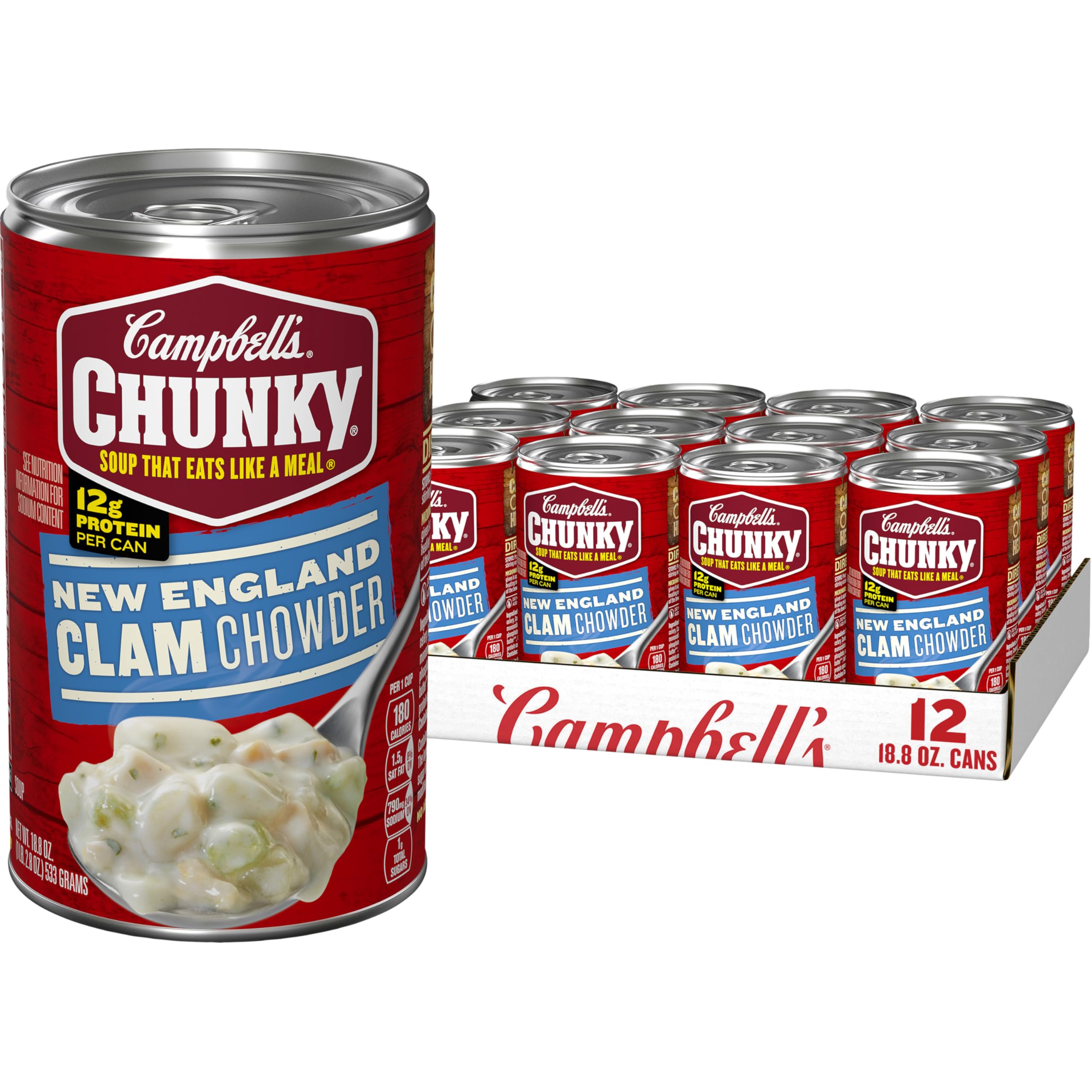 Campbell's Chunky New England Clam Chowder case of 12 cans ready for pantry storage.