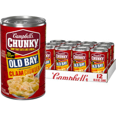 Campbell's Chunky Old Bay clam chowder can in a twelve-pack, ready to heat for a hearty meal