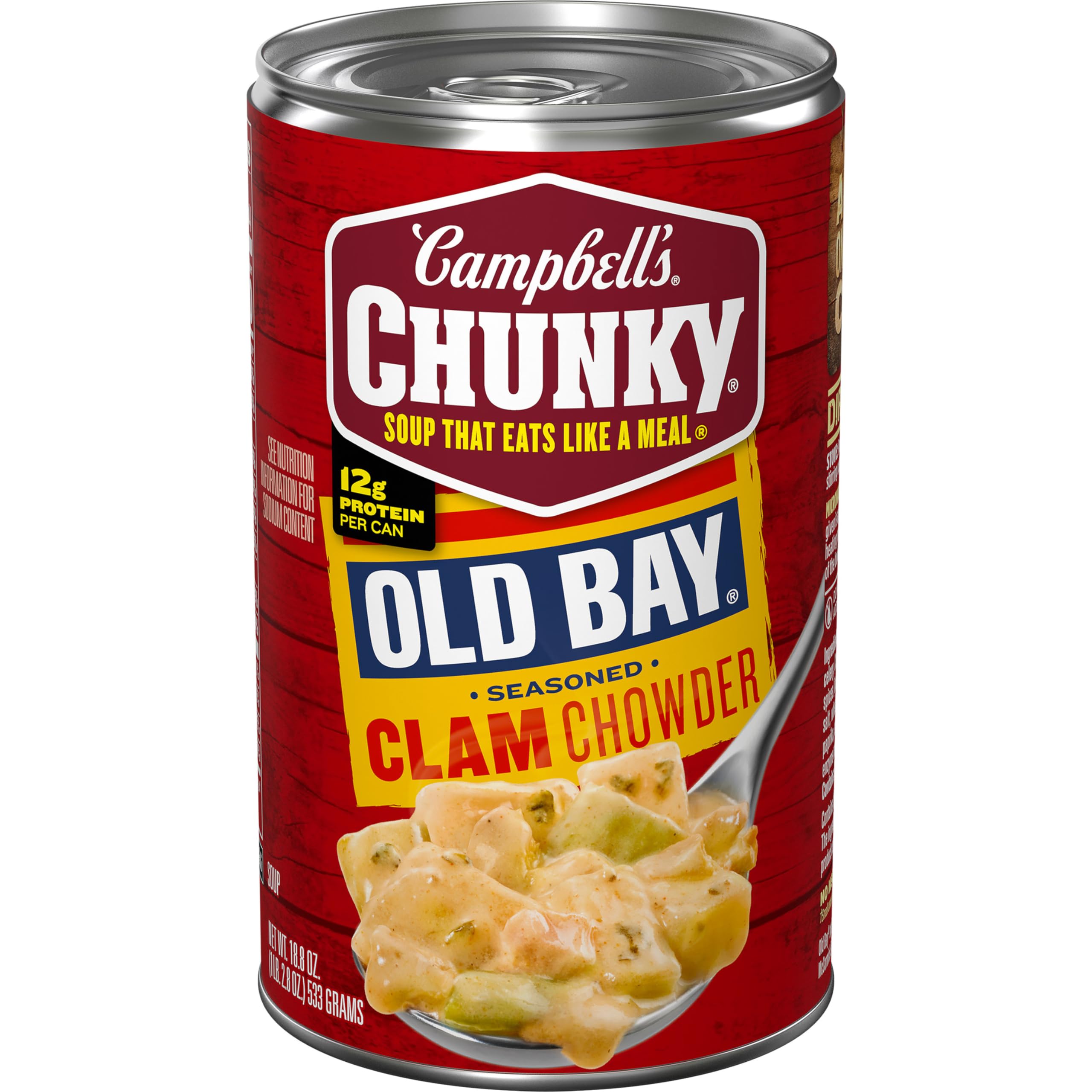 Campbell's Chunky OLD BAY clam chowder can, ready to heat for a satisfying meal