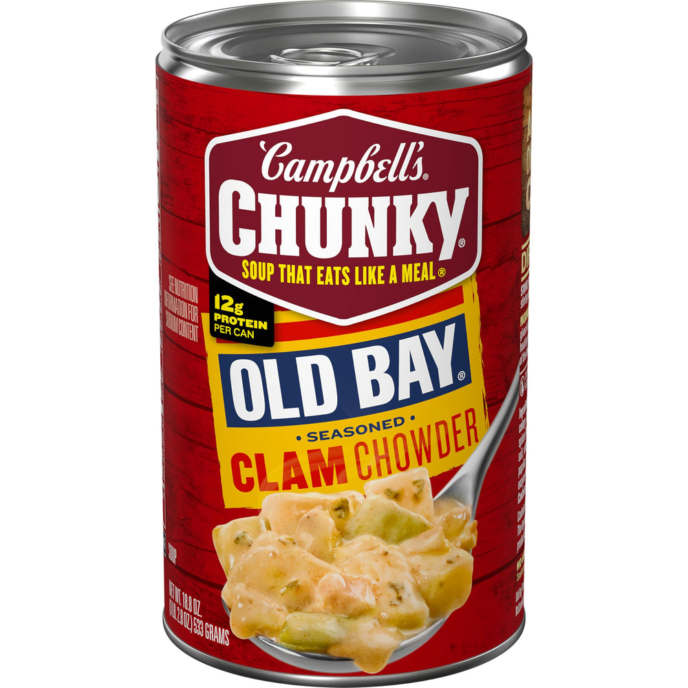 Campbell's Chunky OLD BAY clam chowder can, ready to heat for a satisfying meal