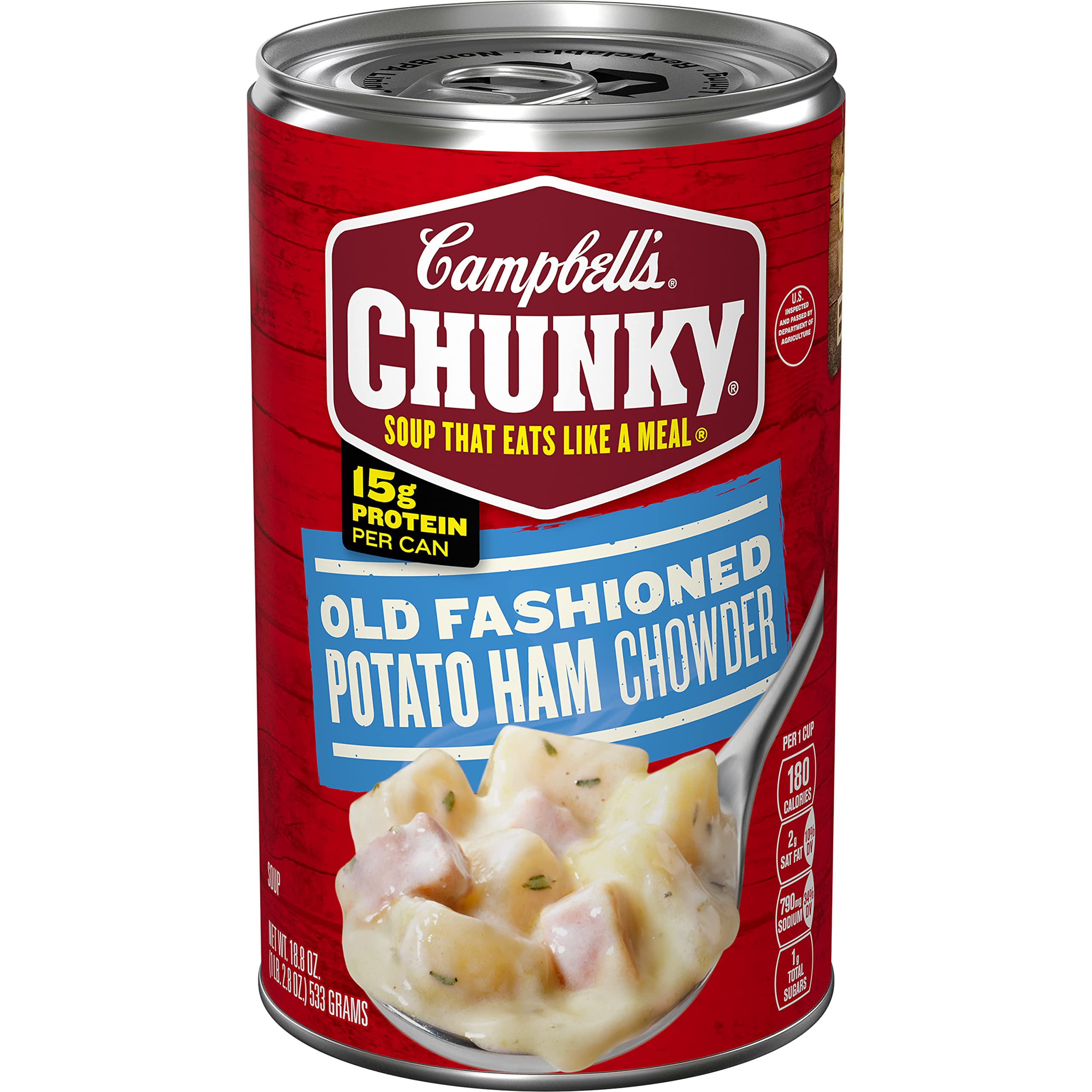Campbell's Chunky Old Fashioned Potato Ham Chowder can with hearty ingredients for a protein-rich meal.