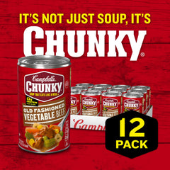 Campbell's Chunky Old Fashioned Vegetable Beef Soup beef chunks close-up for hearty, satisfying bites.