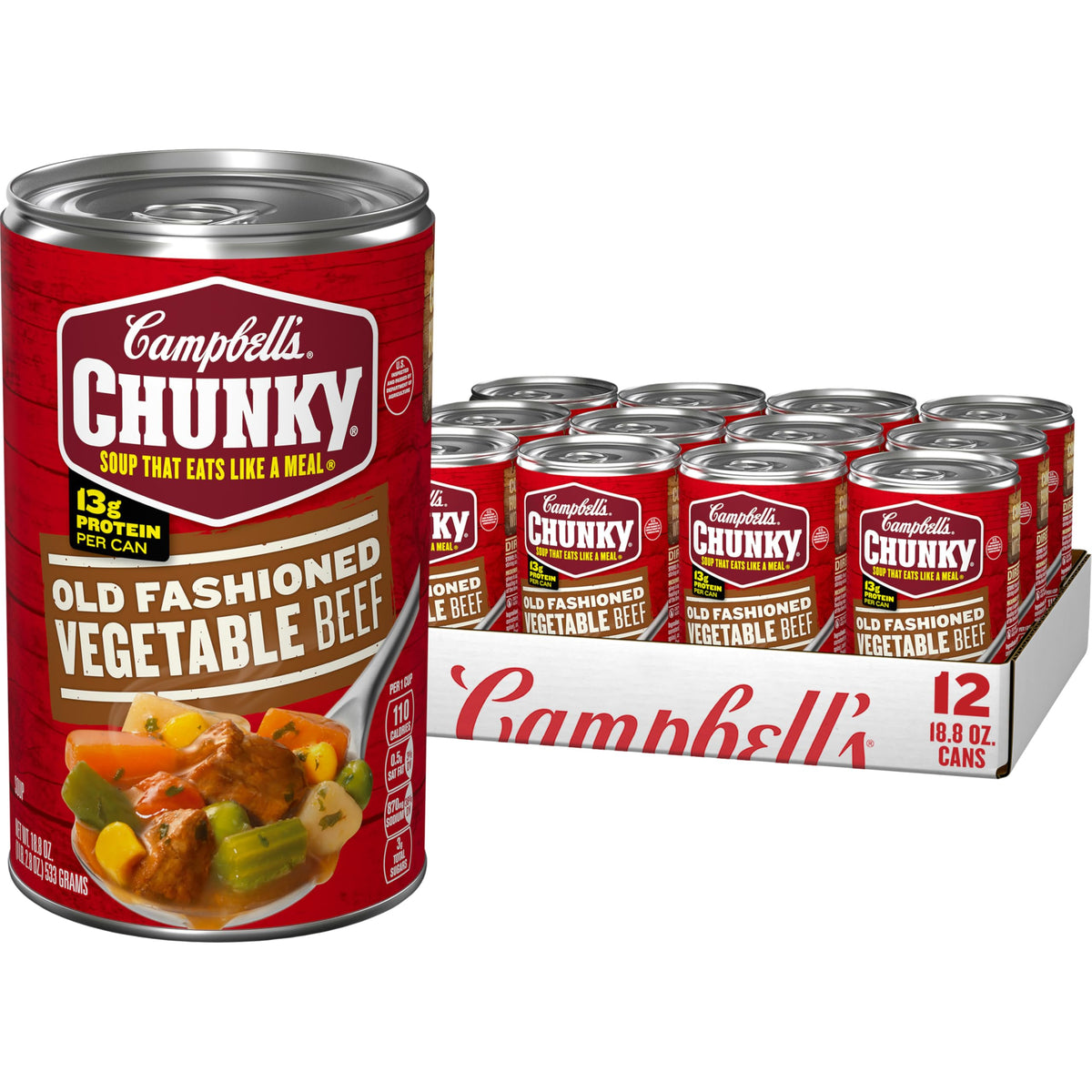 Campbell's Chunky Old Fashioned Vegetable Beef Soup can in a 12-pack, convenient meal prep.