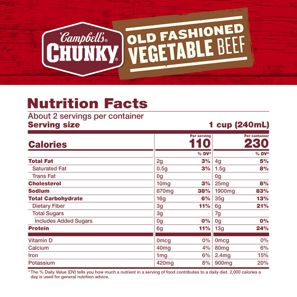 Campbell's Chunky Old Fashioned Vegetable Beef Soup served in a bowl, ready to heat.