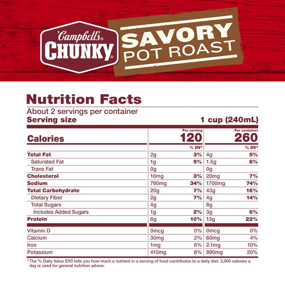 Campbell's Chunky Savory Pot Roast Soup with potatoes, carrots, and beef for a satisfying lunch