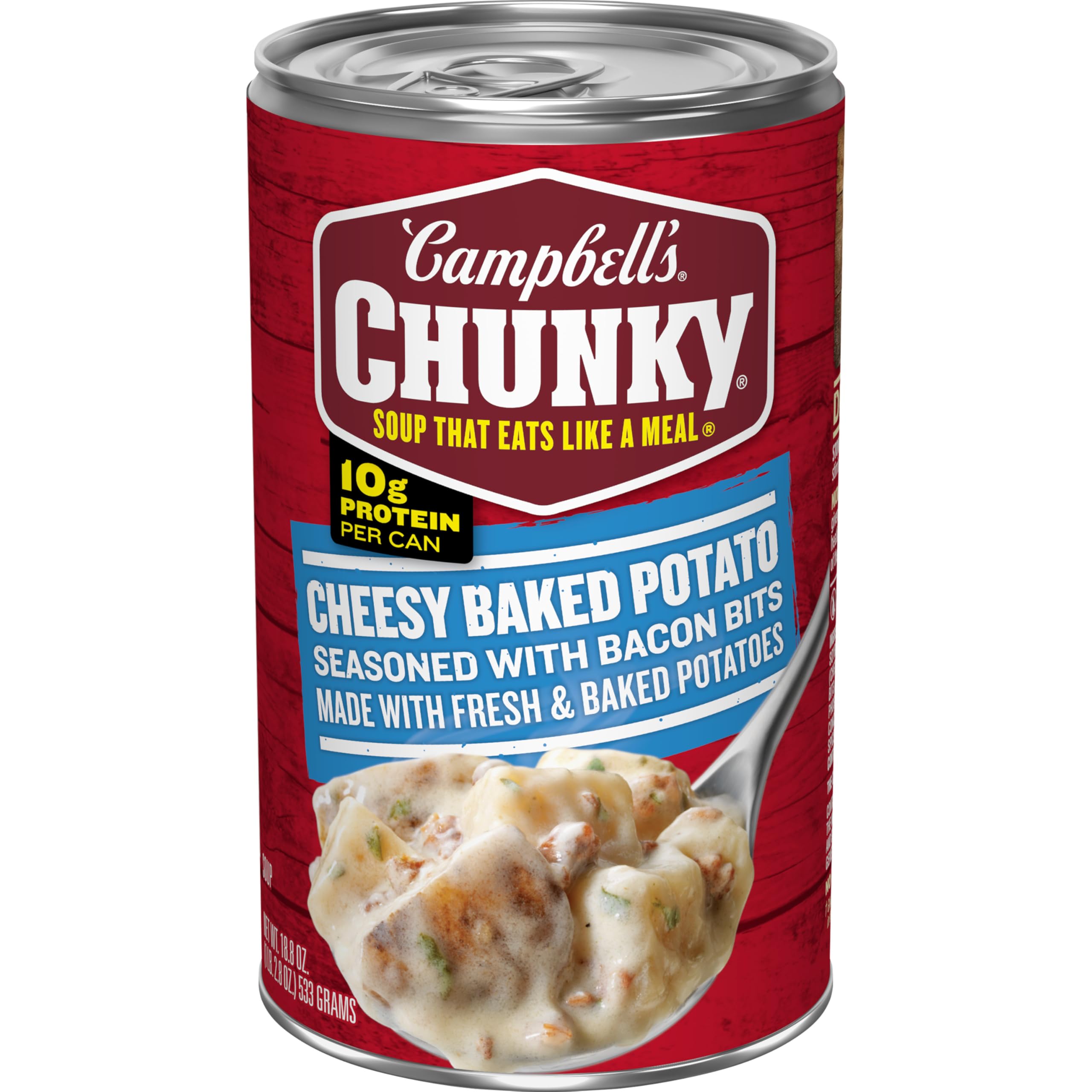Campbell's Chunky Baked Potato with Cheddar and Bacon Bits soup image shows potato chunks for a filling meal.