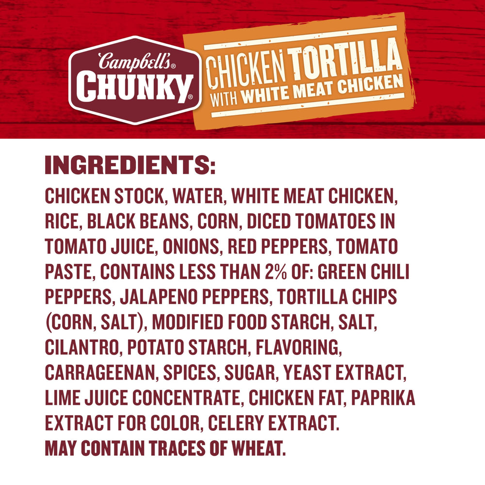 Campbell's Chunky Chicken Tortilla Soup highlights 17 grams of protein per can