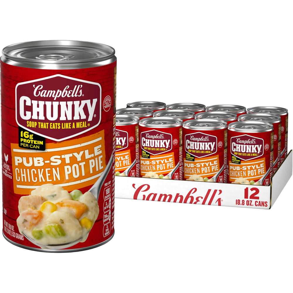Campbell's Chunky Pub-Style Chicken Pot Pie Soup can label with bold flavor