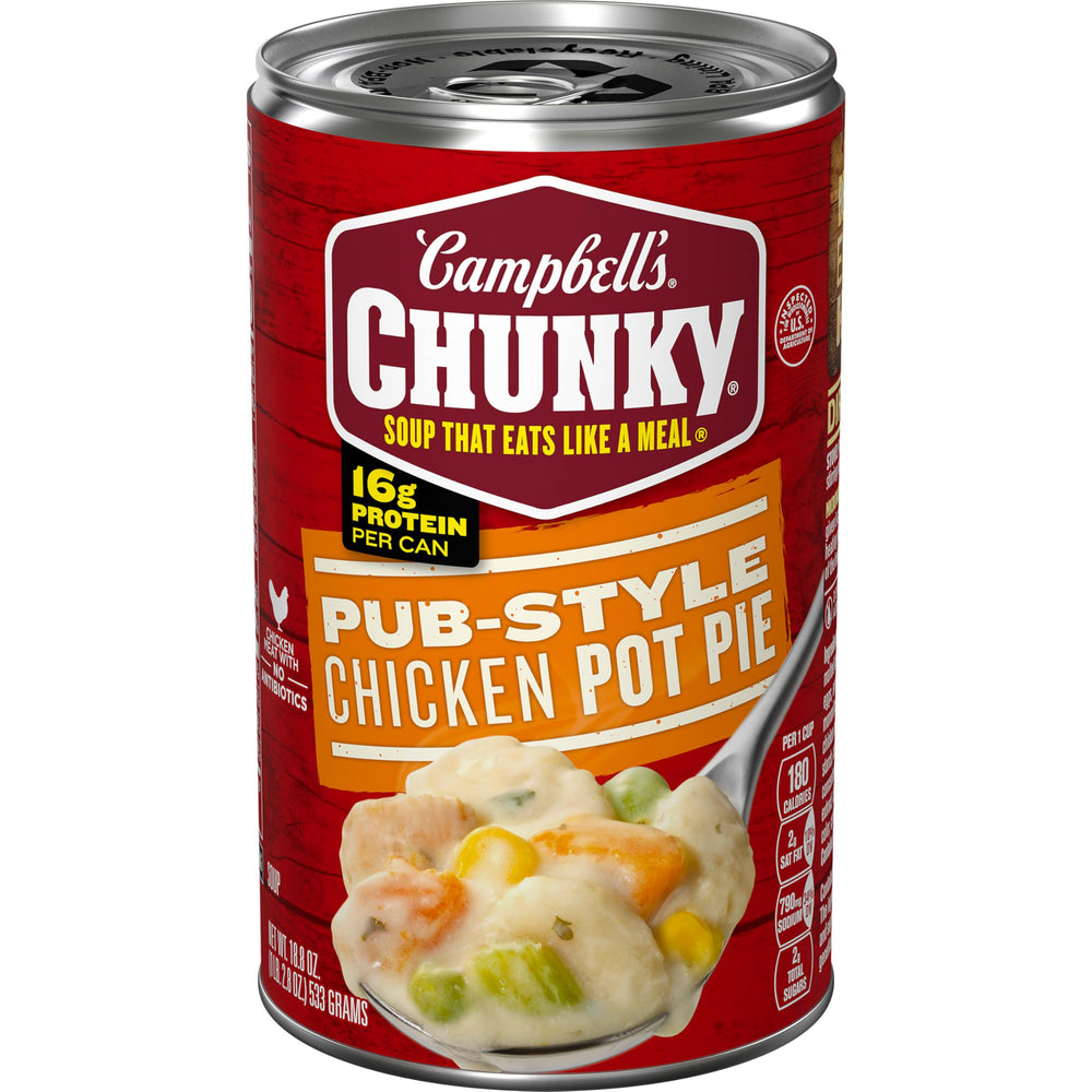 Campbell's Chunky Pub-Style Chicken Pot Pie Soup can front view, ideal for a quick, filling lunch.