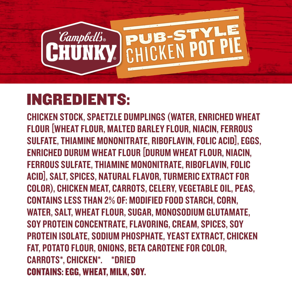 Ingredients visible in Campbell's Chunky Pub-Style Chicken Pot Pie Soup with chicken, vegetables, dumplings