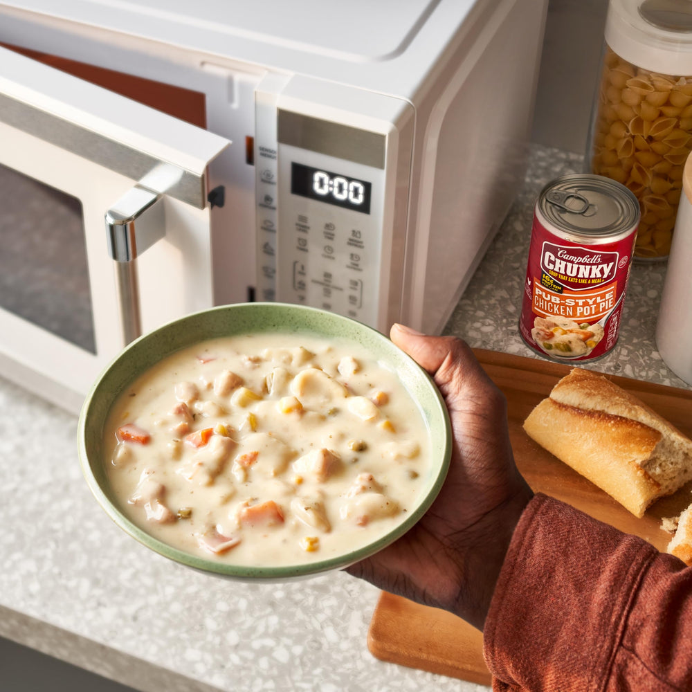 Microwave-ready Campbell's Chunky Pub-Style Soup heats quickly for busy days.