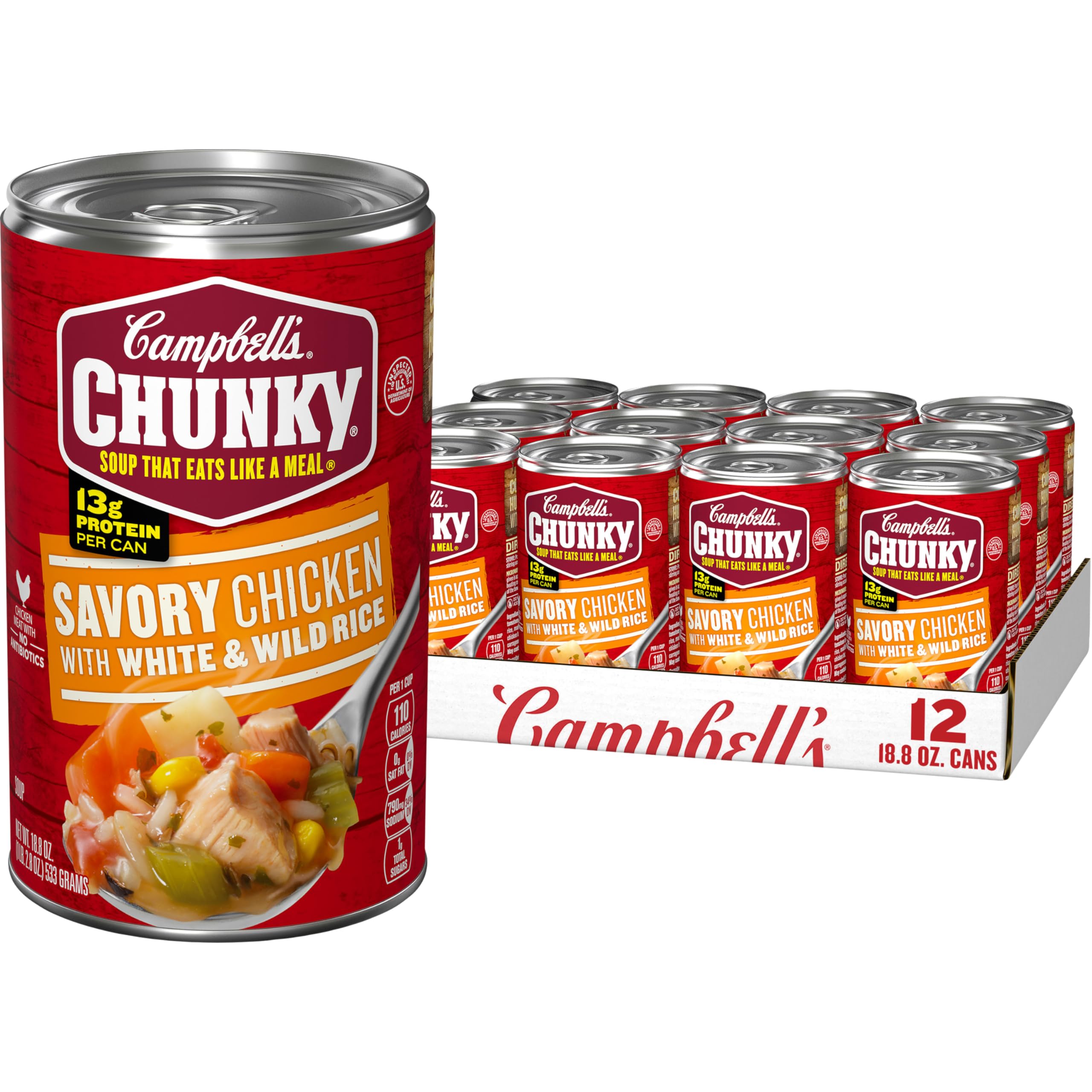 Campbell's Chunky Savory Chicken with White and Wild Rice can on shelf, protein-rich comfort