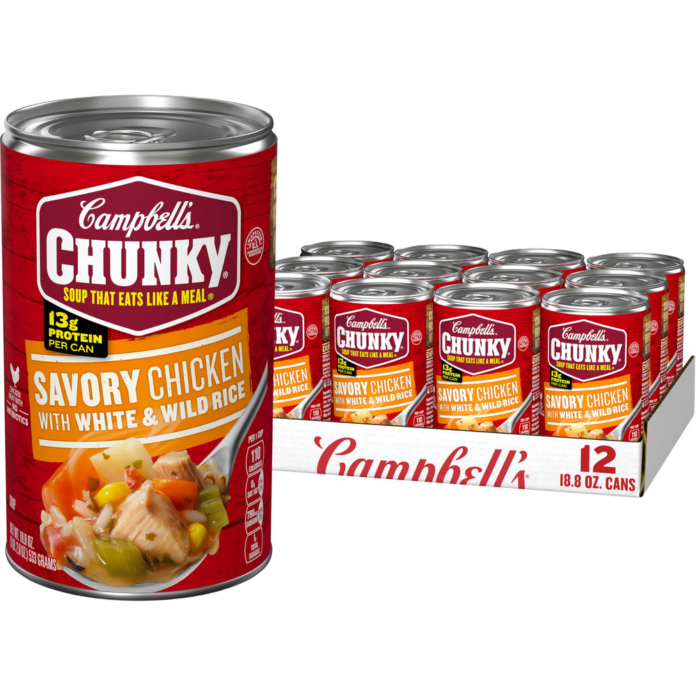 Campbell's Chunky Savory Chicken with White and Wild Rice can on shelf, protein-rich comfort