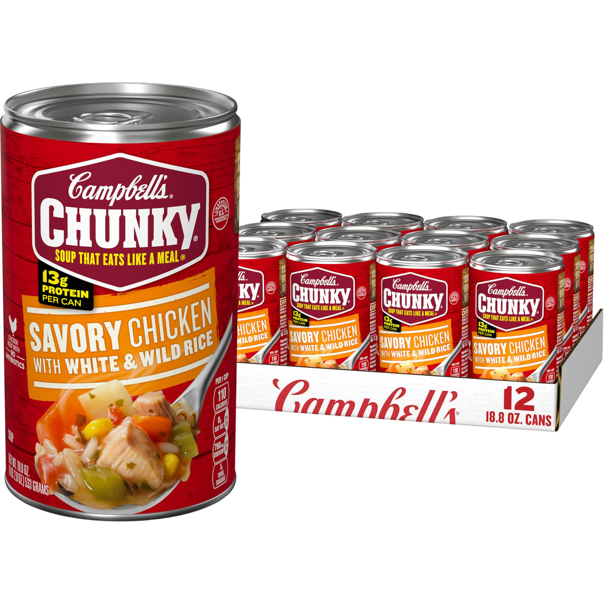 Campbell's Chunky Savory Chicken with White and Wild Rice can on shelf, protein-rich comfort