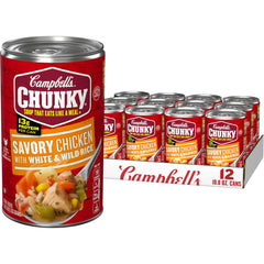 Campbell's Chunky Savory Chicken with White and Wild Rice can on shelf, protein-rich comfort