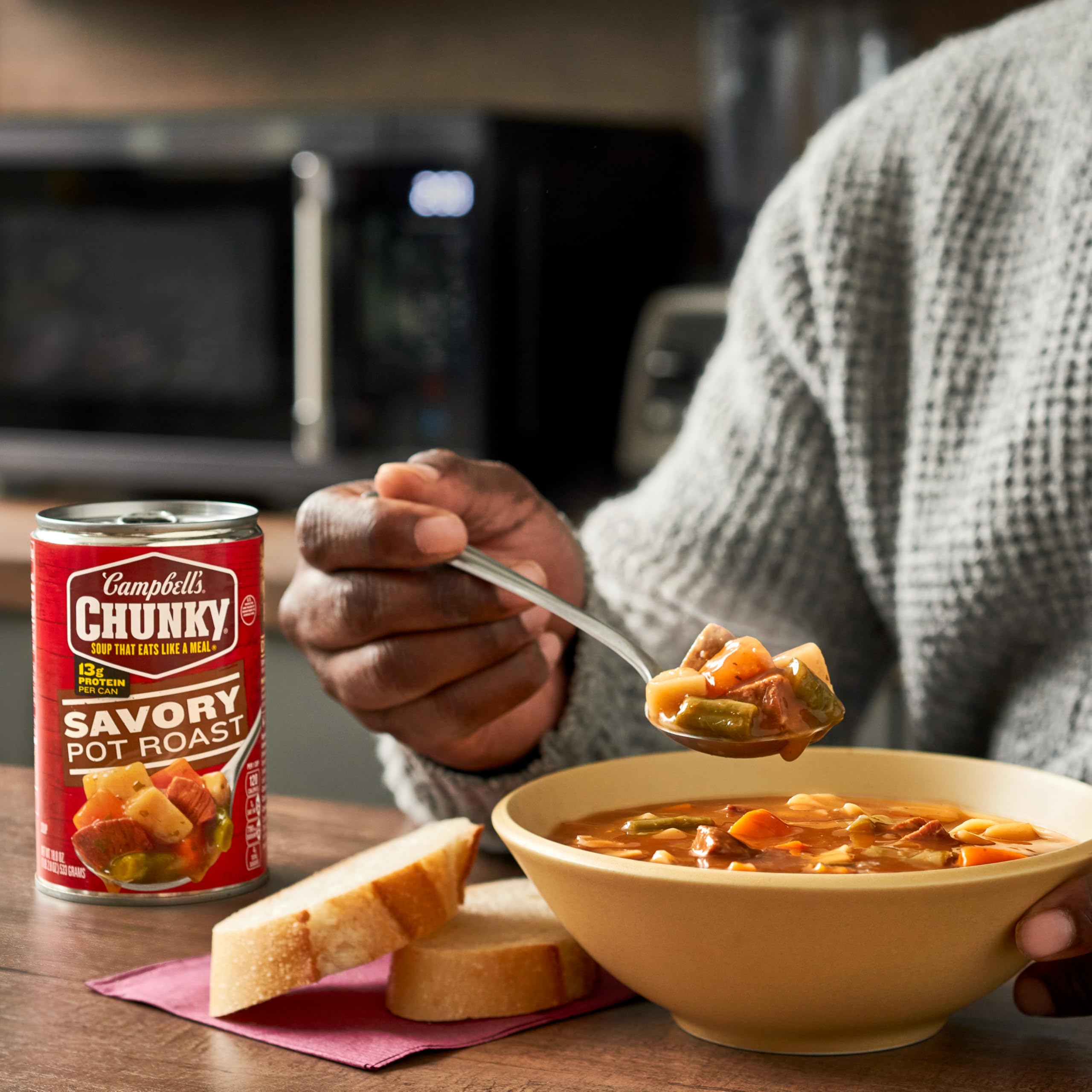 Campbell's Chunky Savory Pot Roast Soup provides 13g of protein per can.