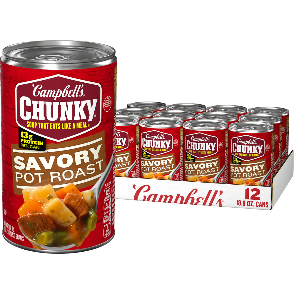 Campbell's Chunky Savory Pot Roast Soup can, a convenient pantry staple for quick meals.