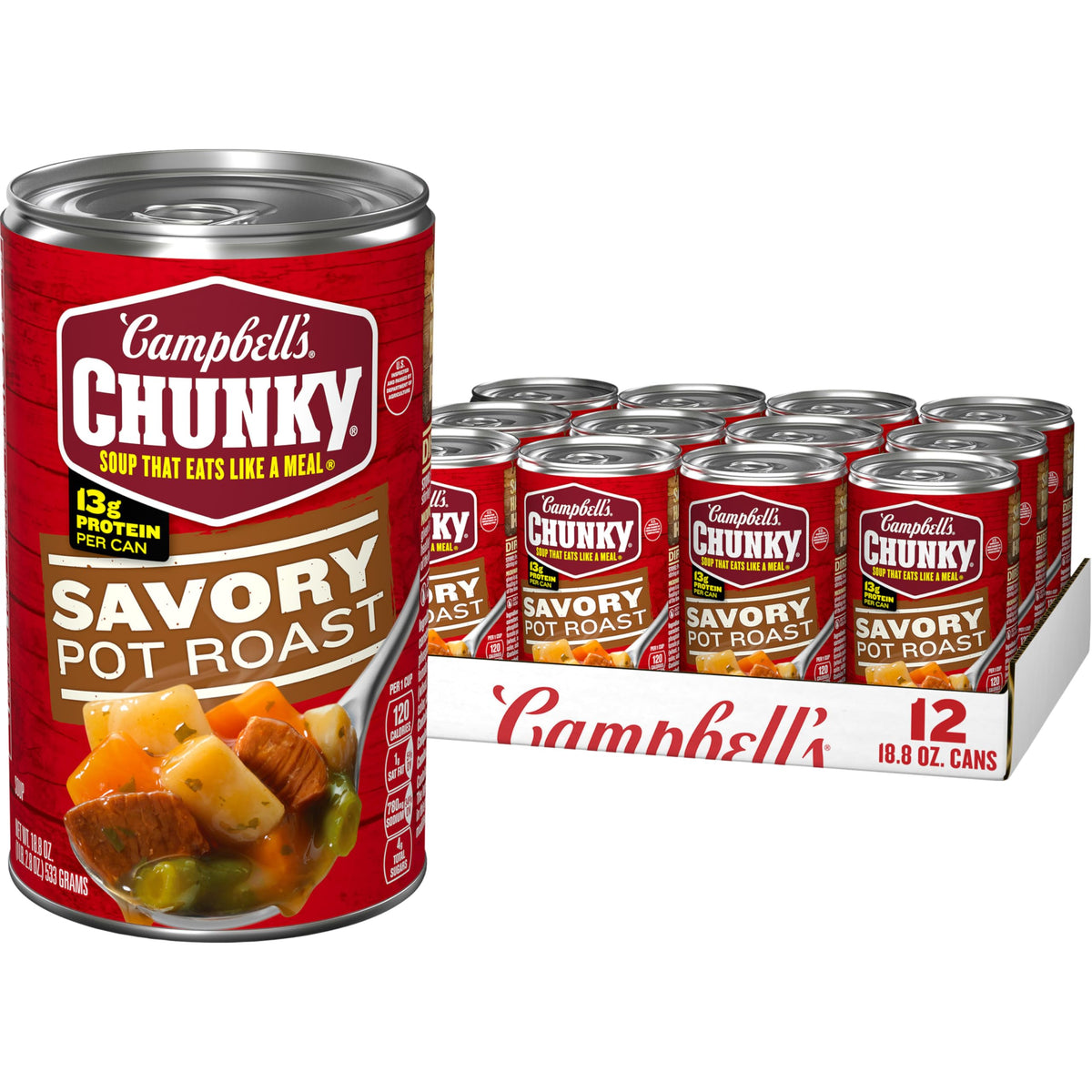 Campbell's Chunky Savory Pot Roast Soup can, a convenient pantry staple for quick meals.